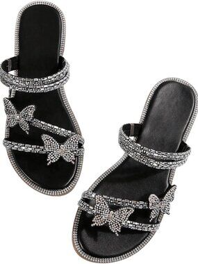 Sparkly Silver Rhinestone Flat Sandals for Women - Dressy Summer Footwear